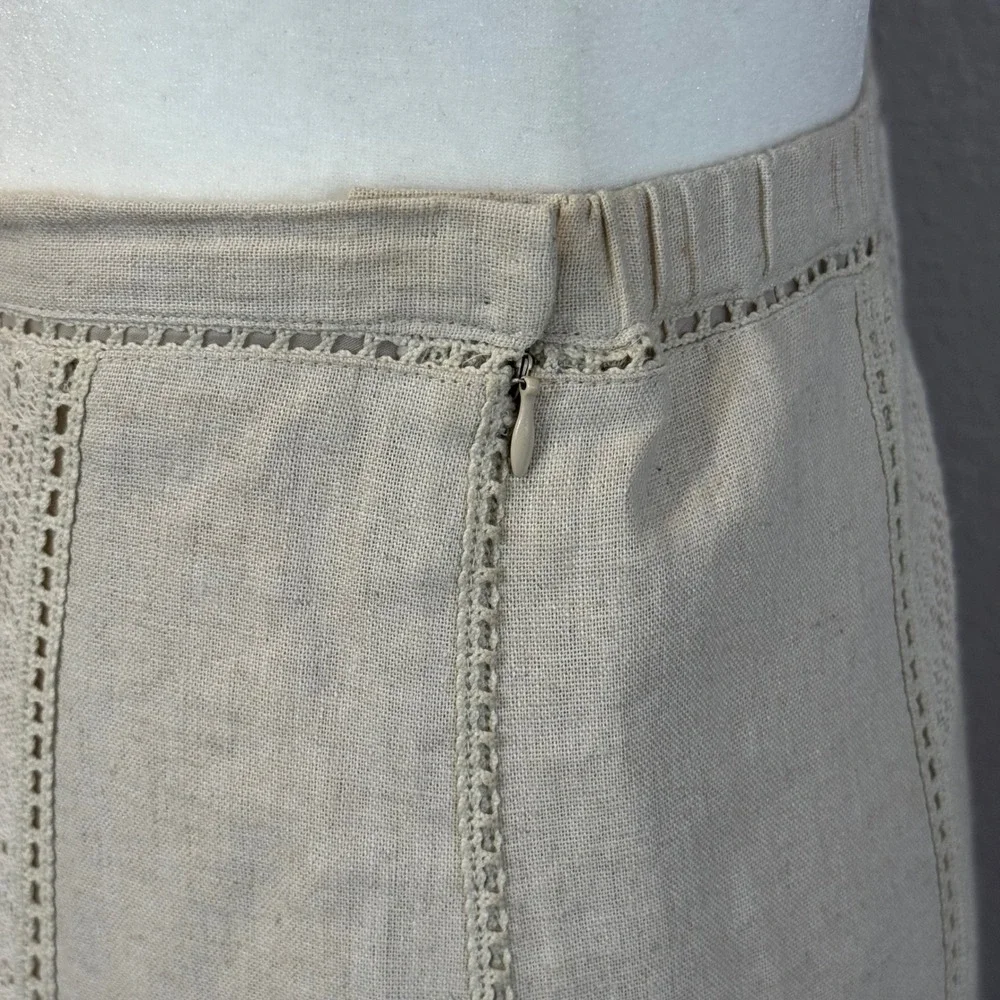 Coldwater Creek Women's Size PS Tan Linen Blend Crochet Lace‎ Panel Maxi Skirt